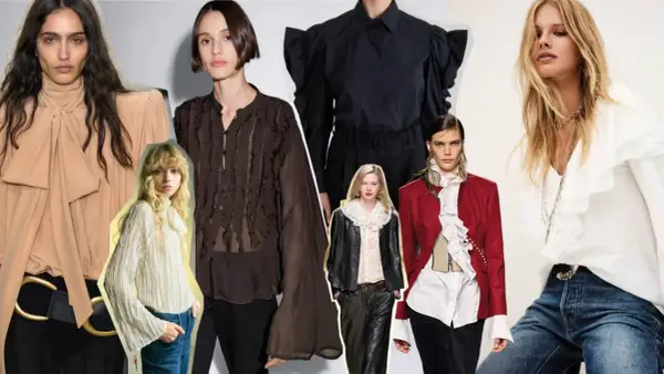 Modelli con camicie eleganti, una con maglia con maniche volant e dettagli in pizzo, un'altra con camicia nera a sbuffo.