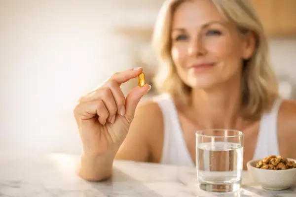 Donna sorridente tiene in mano una capsula gialla, forse per scoprire a cosa serve il coenzima q10. Accanto, un bicchiere d'acqua e una ciotola di noci.