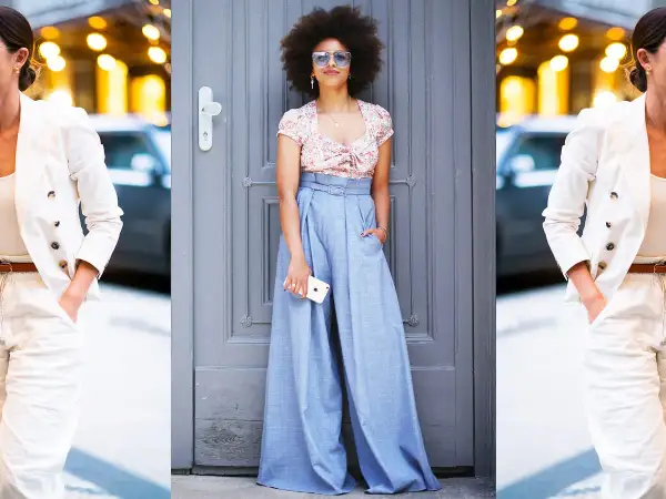 Donna con afro e occhiali da sole indossa un crop top floreale e un **pantalaccio** azzurro a vita alta.