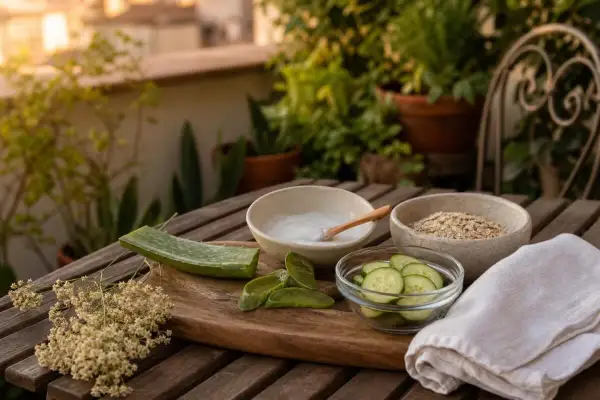 Aloe, cetriolo e avena: ingredienti naturali per lenire il prurito. Una ciotola con crema, fiorellini secchi e un asciugamano completano la scena.
