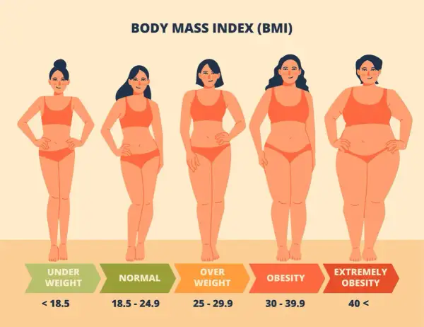 Cinque silhouette femminili mostrano diverse categorie di BMI, da sottopeso a obesità estrema. Un percorso visivo per chi desidera dimagrire in fretta.