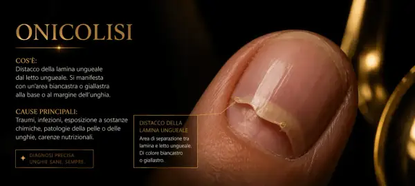 Unghia con onicolisi: la pellicina si stacca dal letto ungueale, mostrando un'area biancastra.