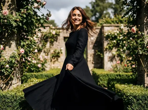 Donna sorridente in un abito con gonnellone lungo nero, che volteggia in un giardino fiorito con rose rosa e un muro di pietra.