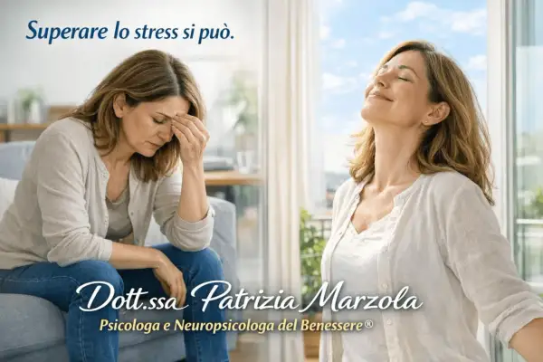Donna sofferente per lo stress, poi serena e rilassata. Dott.ssa Patrizia Marzola, psicologa, ti aiuta a curare lo stress.