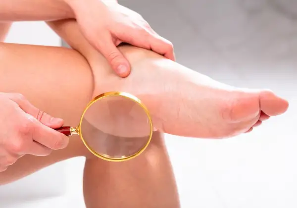 Mano che esamina con lente d'ingrandimento la pelle di un piede, evidenziando la presenza di calli.