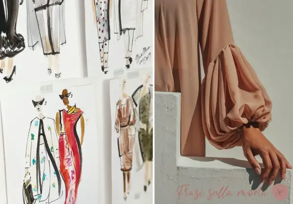 Schizzi di abiti eleganti e un dettaglio di una manica a sbuffo in seta color pesca, ispirazione per frasi sulla moda.
