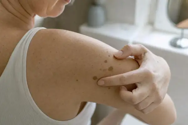 Dita che indicano macchie scure sulla pelle del braccio, evidenziando la texture e le diverse tonalità.