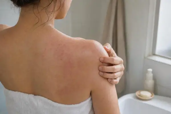 Donna con eruzione cutanea rossa e pruriginosa sulla schiena e sulle spalle, che si gratta dopo la doccia.