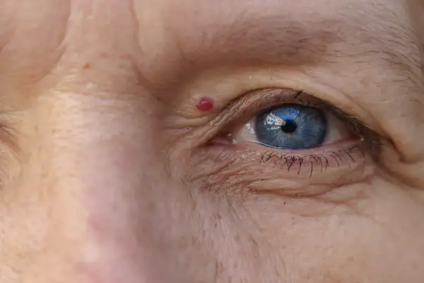 Un occhio azzurro con un neo rosso sulla pelle, circondato da rughe.