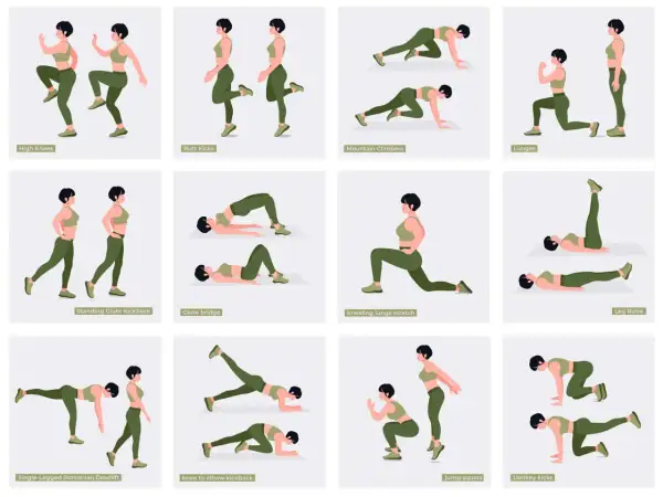 Esercizi per allenare i glutei: high knees, butt kicks, mountain climbers, lunges, glute bridge, donkey kicks e altri per rassodare i glutei.