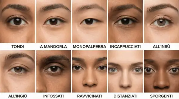 Dieci tipi di occhi diversi: tondi, a mandorla, monopalpebra, incappucciati, all'insù, all'ingiù, infossati, ravvicinati, distanziati, sporgenti.