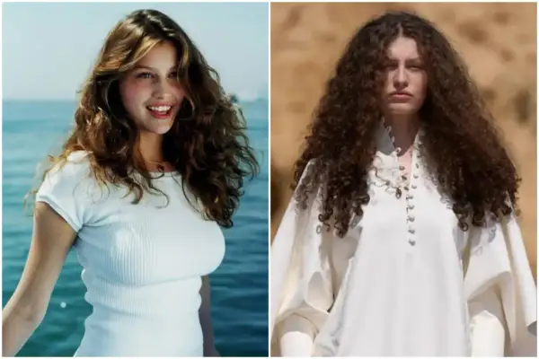 Due immagini affiancate: a sinistra, una giovane donna sorridente con capelli mossi e maglietta bianca; a destra, la stessa persona, Athena Accorsi oggi, con capelli ricci e abito bianco.