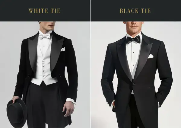 Uomo in abito da sera con giacca a coda di rondine e papillon nero, perfetto per un evento con **black tie dress code**.