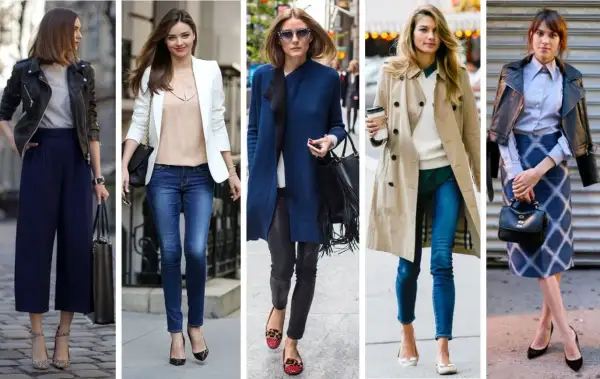 Cinque donne mostrano come vestirsi bene con outfit eleganti: giacche in pelle, blazer, cappotti, jeans e gonne.