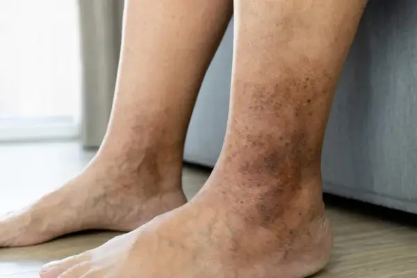 Gambe e caviglie con macchie scure e arrossate, che suggeriscono un forte prurito alle caviglie.