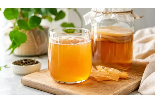 Bicchiere di kombucha frizzante accanto a un barattolo fermentato. Attenzione alle controindicazioni del kombucha per alcuni soggetti.